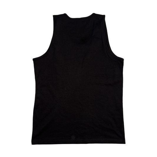 Back view of a plain black tank top 