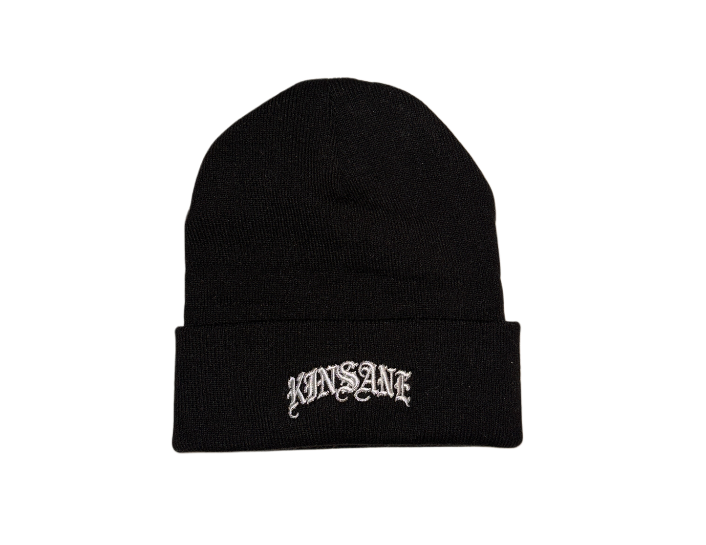 Black beanie with silver old English style lettering reading “KINSANE” 