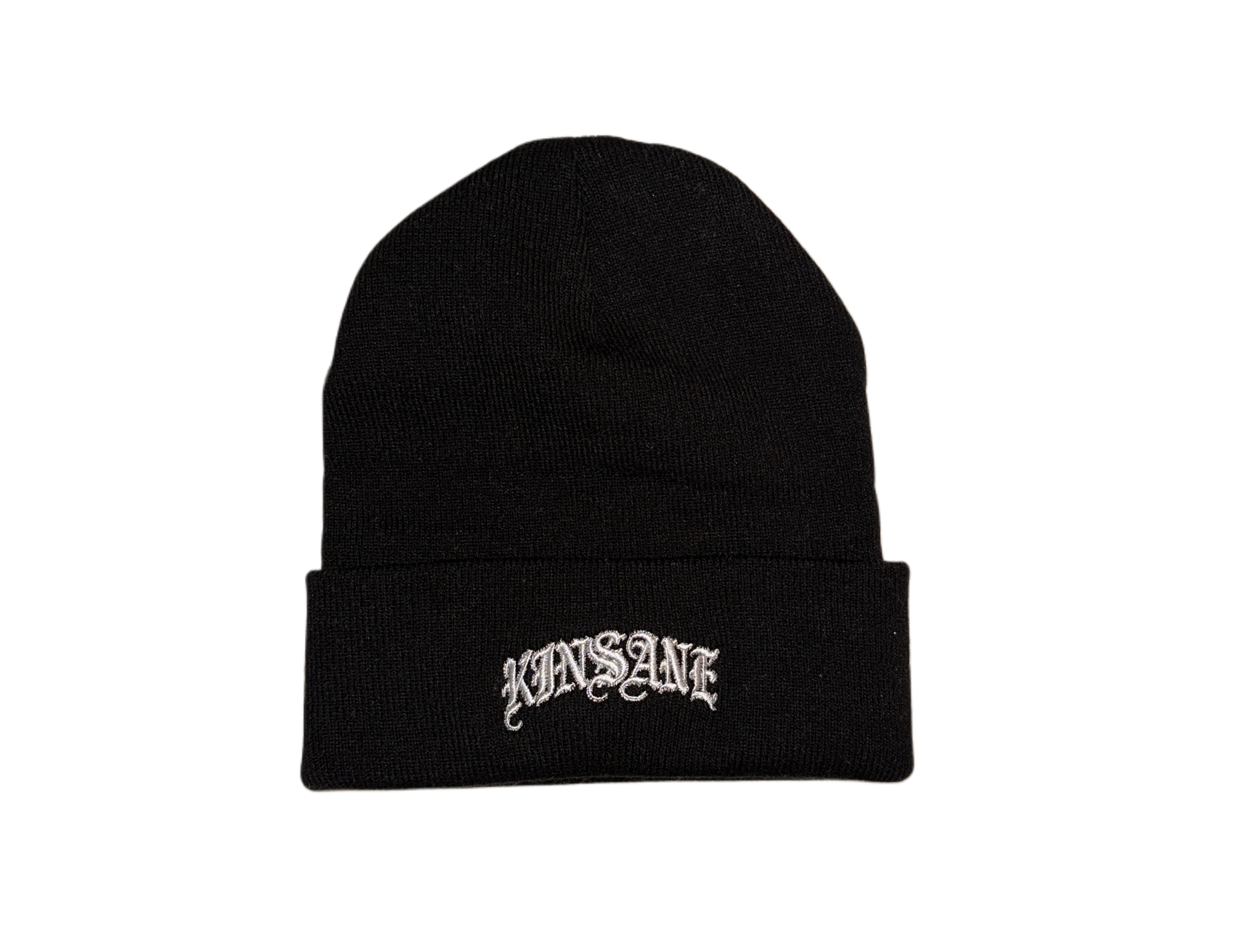 Black beanie with silver old English style lettering reading “KINSANE” 