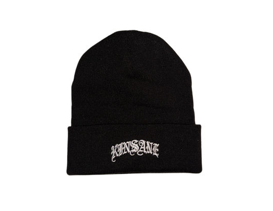 Black beanie with silver old English style lettering reading “KINSANE” 