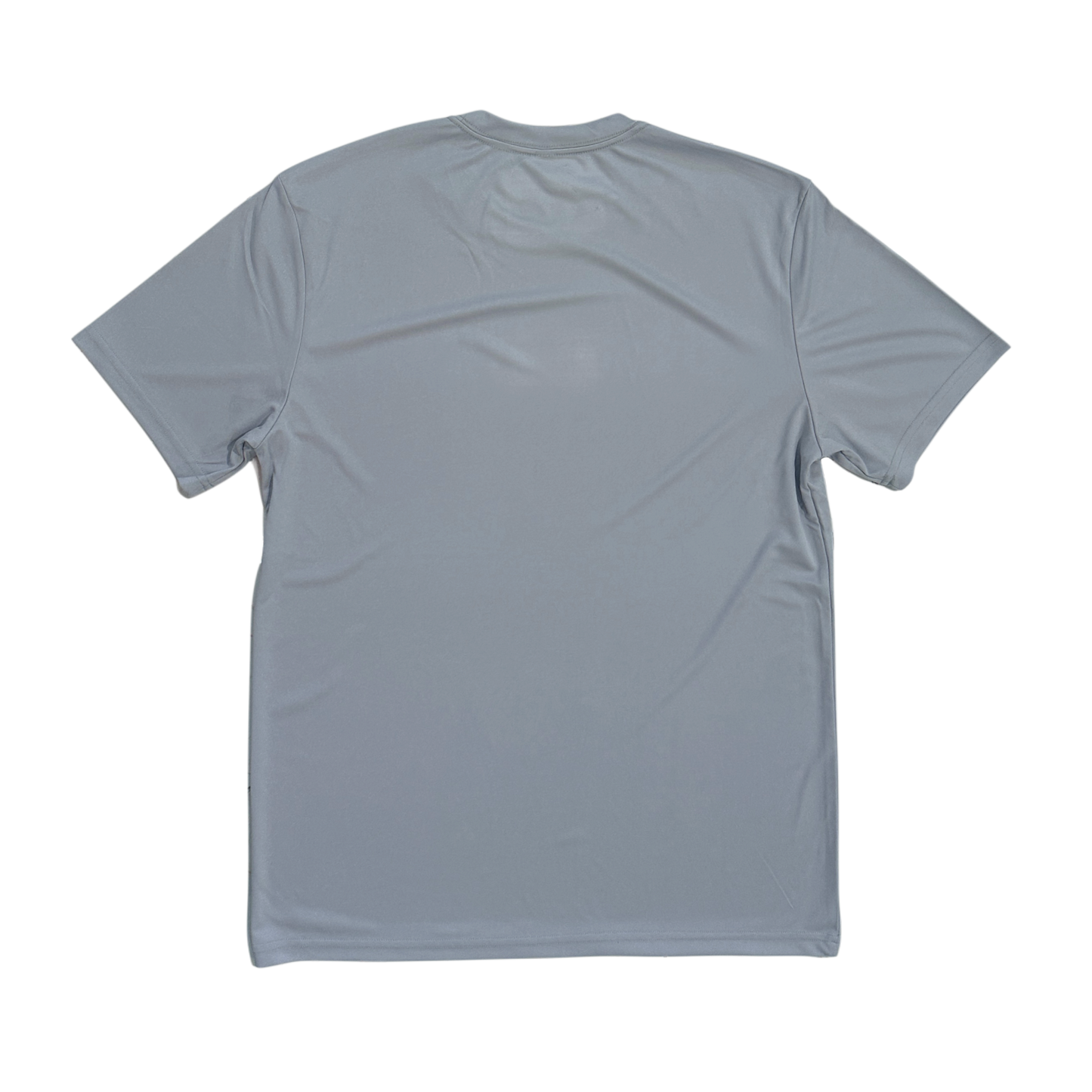 Back view of plain gray dry fit t shirt 