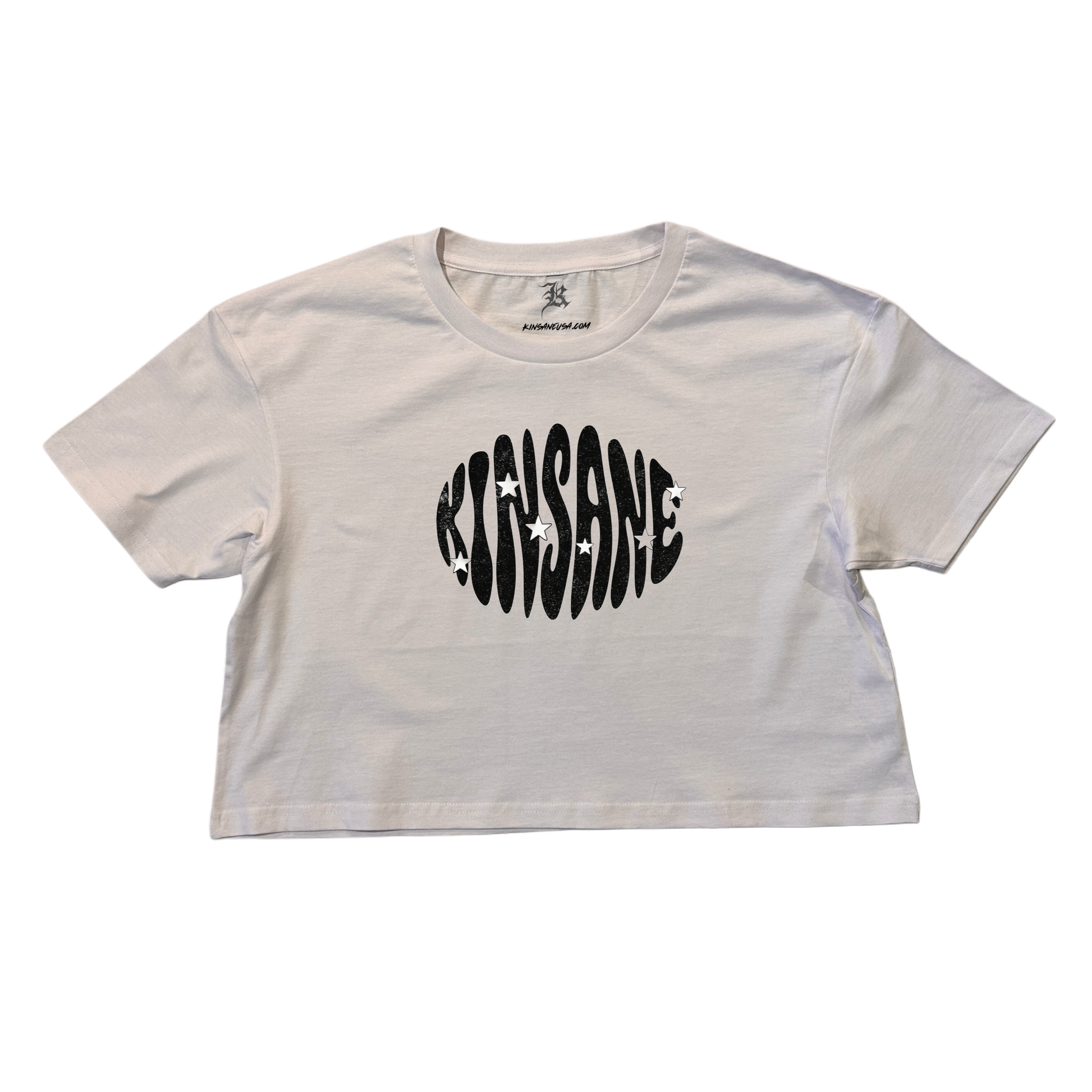 White crop top T-shirt with black groovy style lettering reading “KINSANE” 