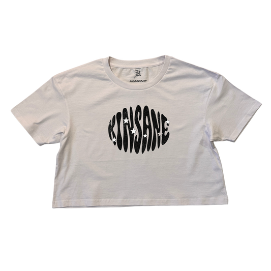 White crop top T-shirt with black groovy style lettering reading “KINSANE” 