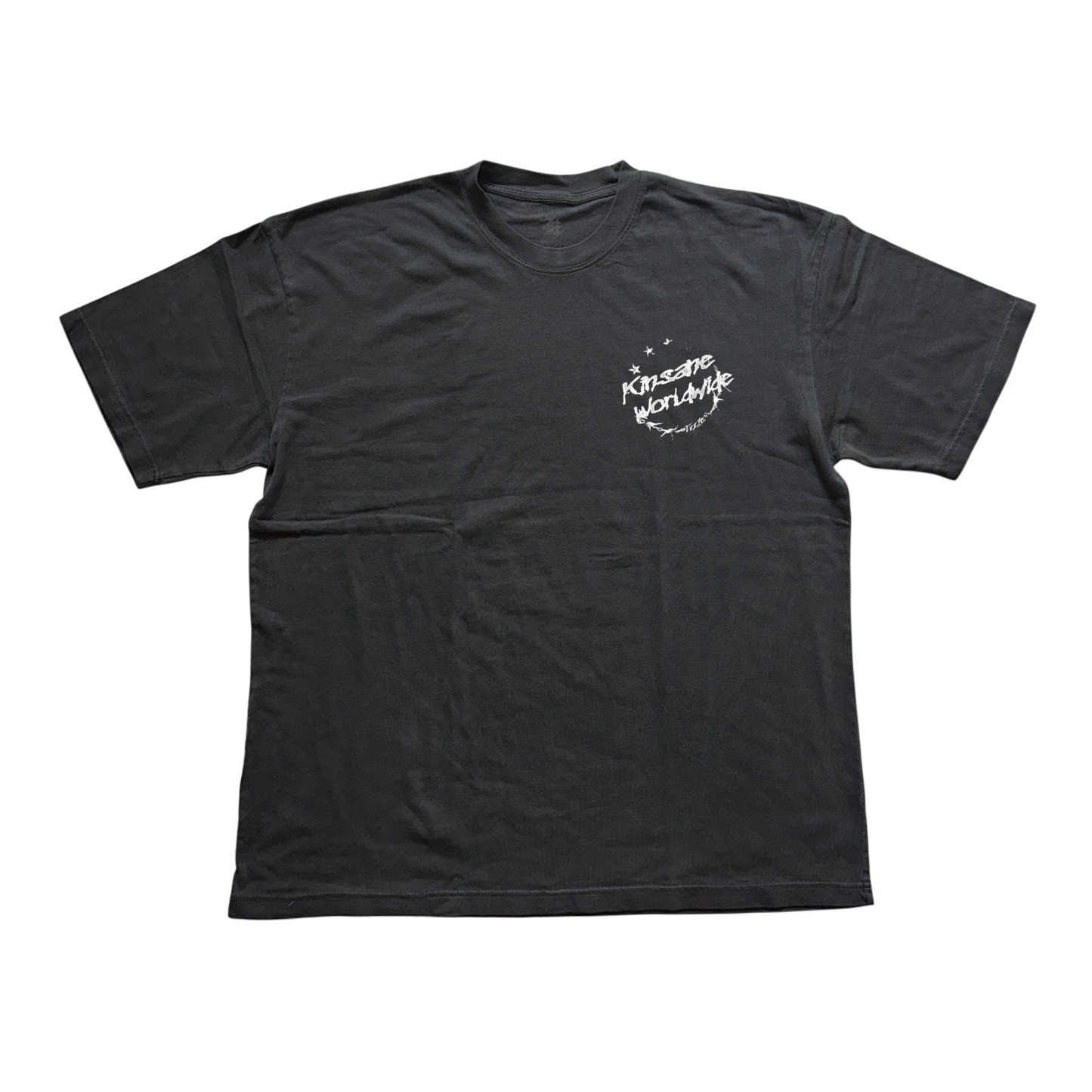 Gray t shirt with white logo reading “KINSANE WORLDWIDE” 