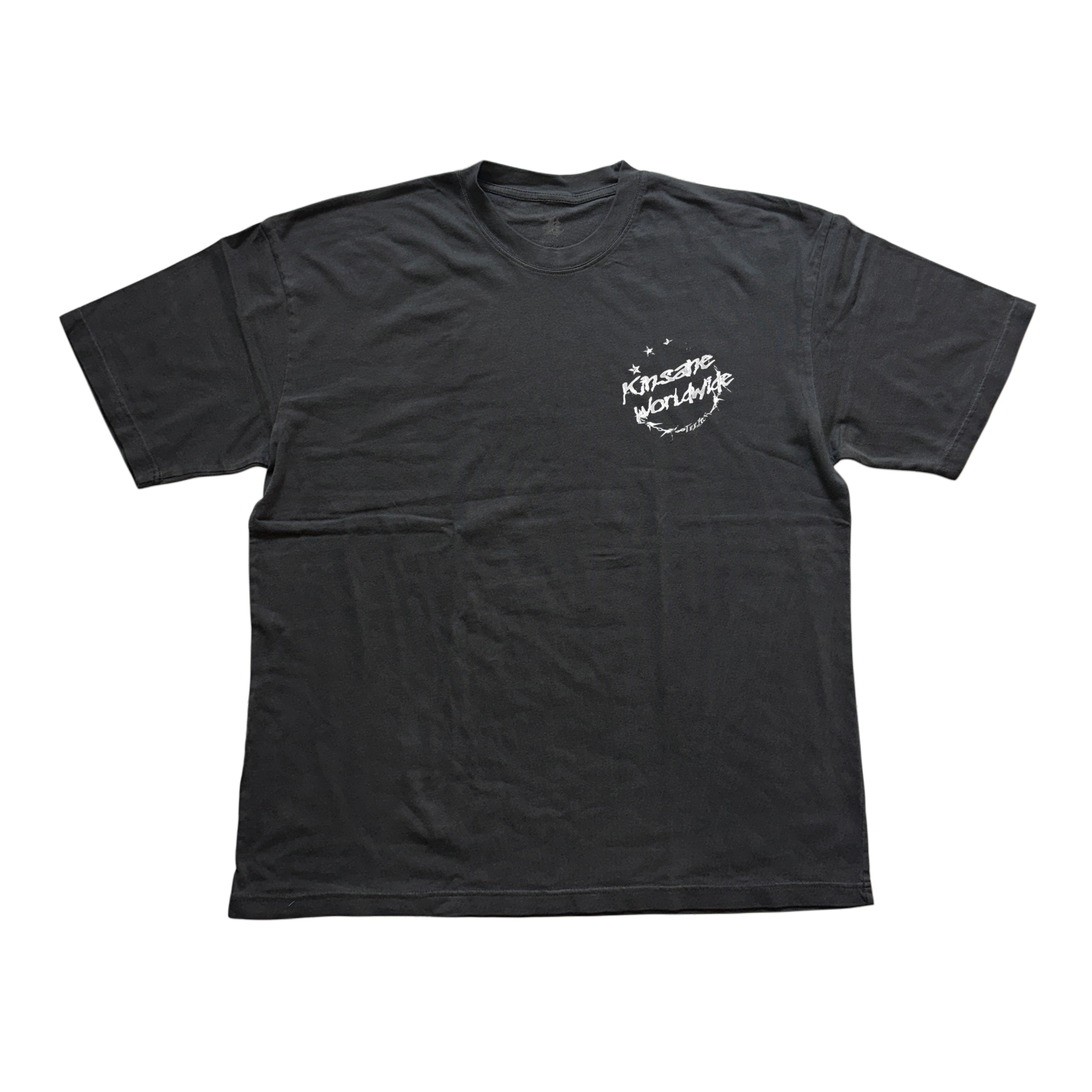 Gray t shirt with white logo reading “KINSANE WORLDWIDE” 