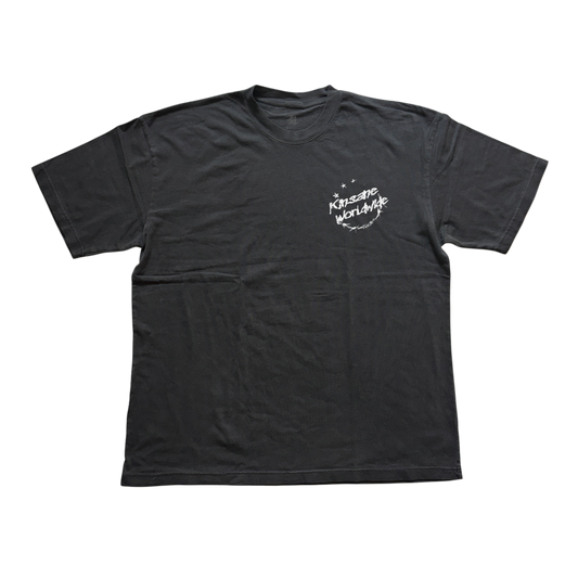 Gray t shirt with white logo reading “KINSANE WORLDWIDE” 