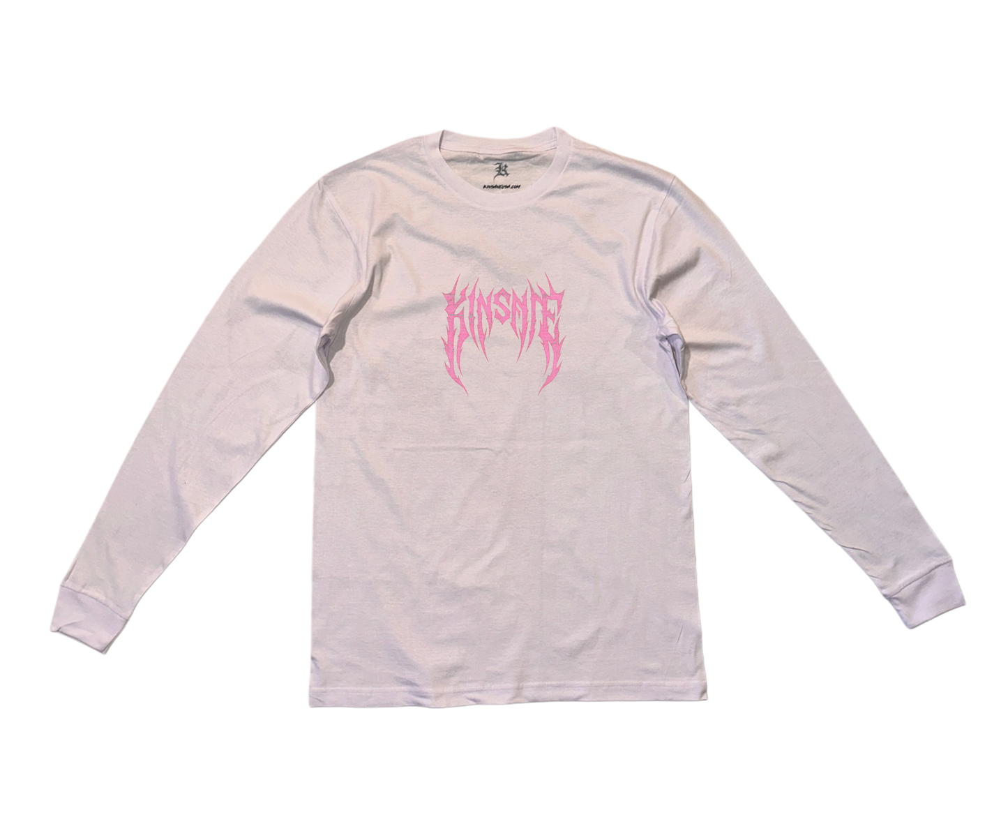 White long sleeve T-shirt with pink tribal lettering reading “KINSANE”