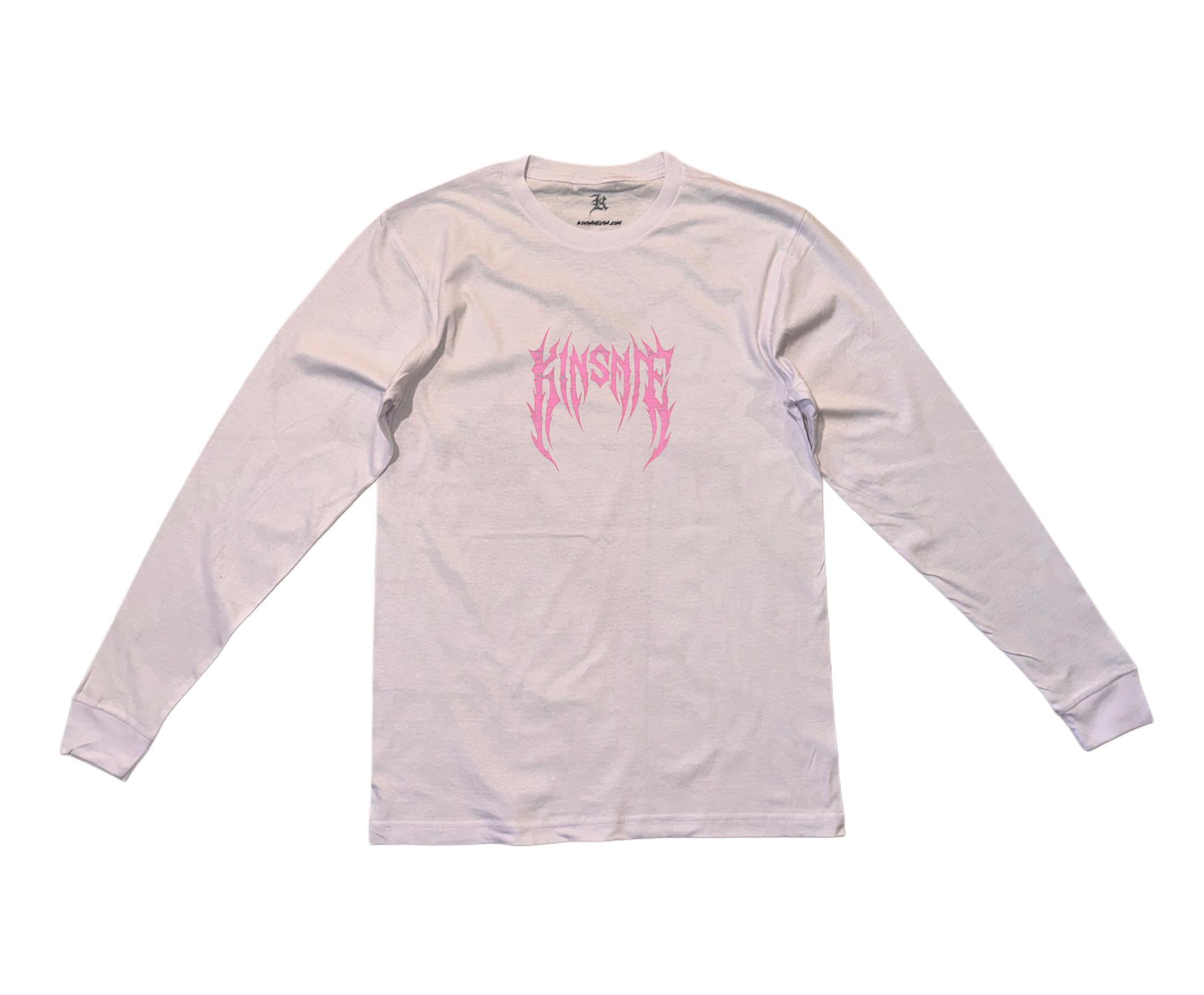White long sleeve T-shirt with pink tribal lettering reading “KINSANE”