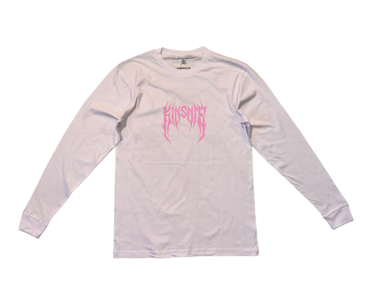 White long sleeve T-shirt with pink tribal lettering reading “KINSANE”