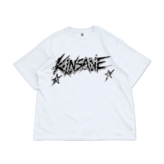 White t shirt with black and silver text with stars reading “KINSANE” 