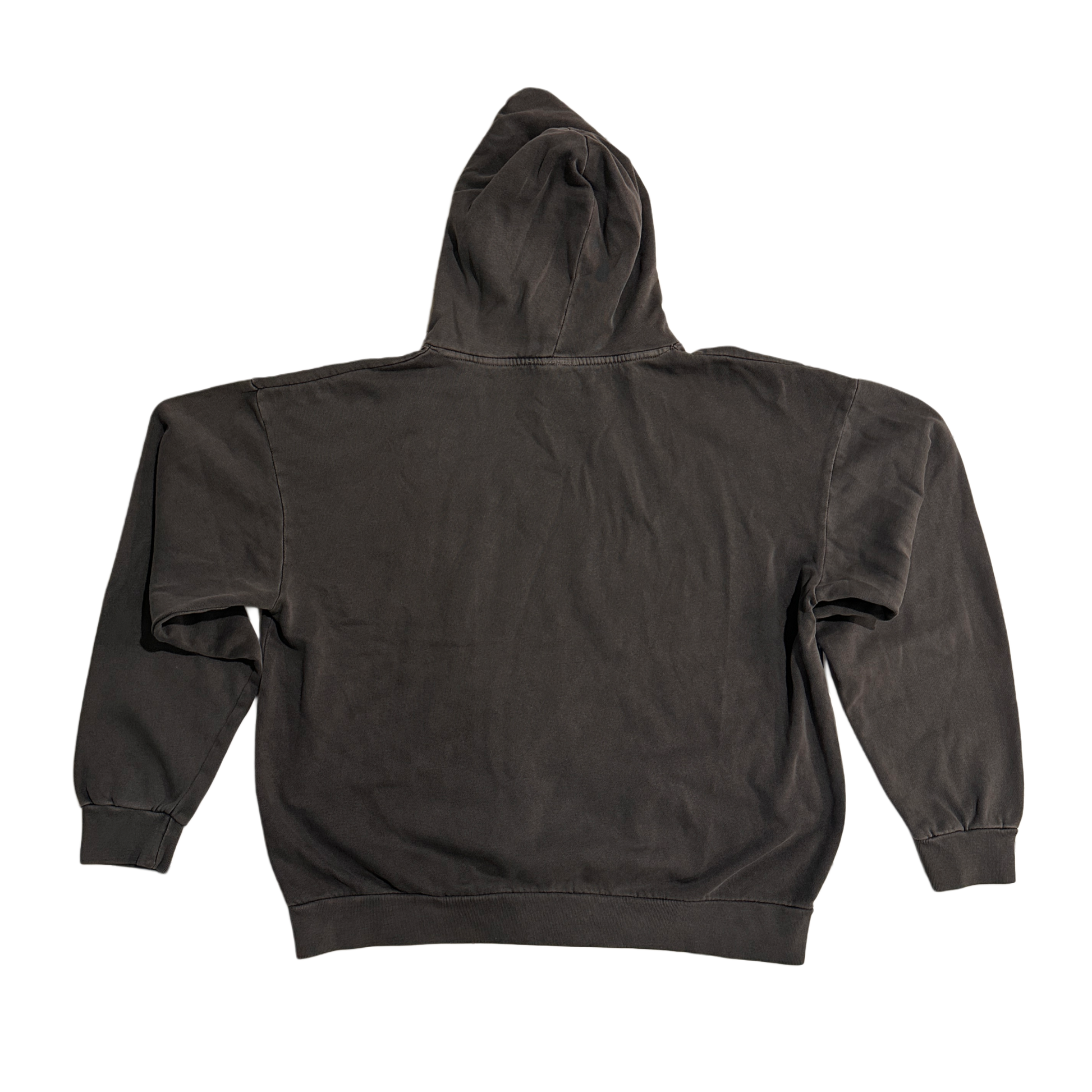 Back view of a dark grey plain hoodie