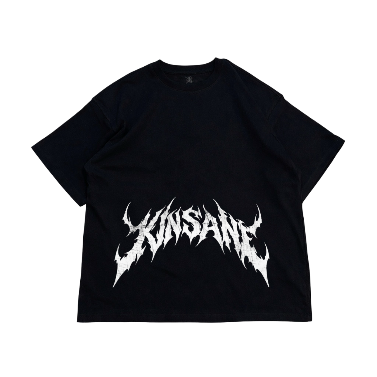 Black t shirt with white text reading “KINSANE” 