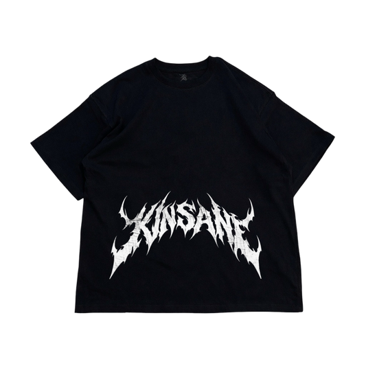 Black t shirt with white text reading “KINSANE” 