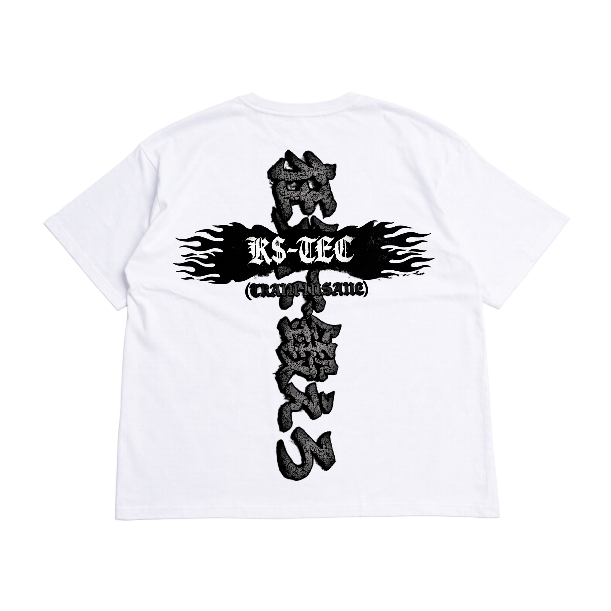 Back view of a white T-shirt with a logo with dark grey Japanese text translating to “TRAIN INSANE” and black text reading “(TRAIN INSANE)” and white text on top of black flames reading “K$-TEC” 
