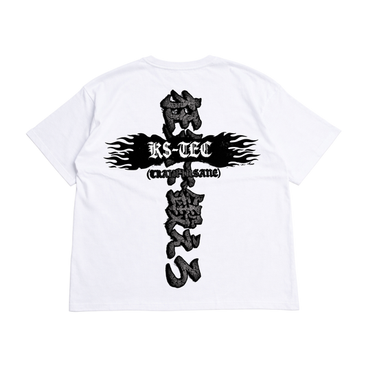 Back view of a white T-shirt with a logo with dark grey Japanese text translating to “TRAIN INSANE” and black text reading “(TRAIN INSANE)” and white text on top of black flames reading “K$-TEC” 