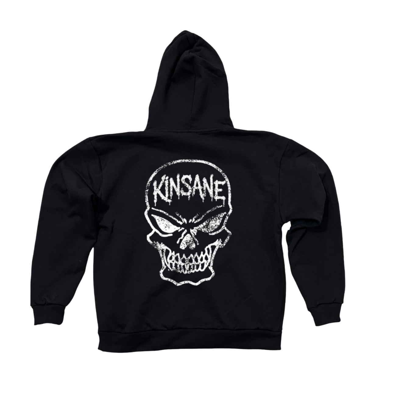 Back view of a black hoodie with a white skull design and white text reading “KINSANE” 
