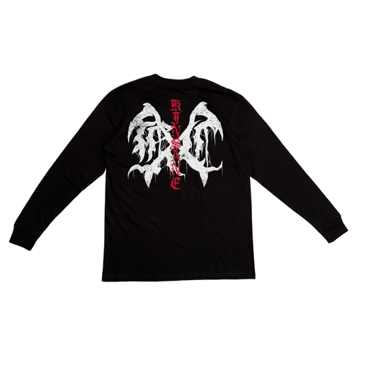 Back view of a black long sleeve shirt with a white logo and red lettering reading “KINSANE” 