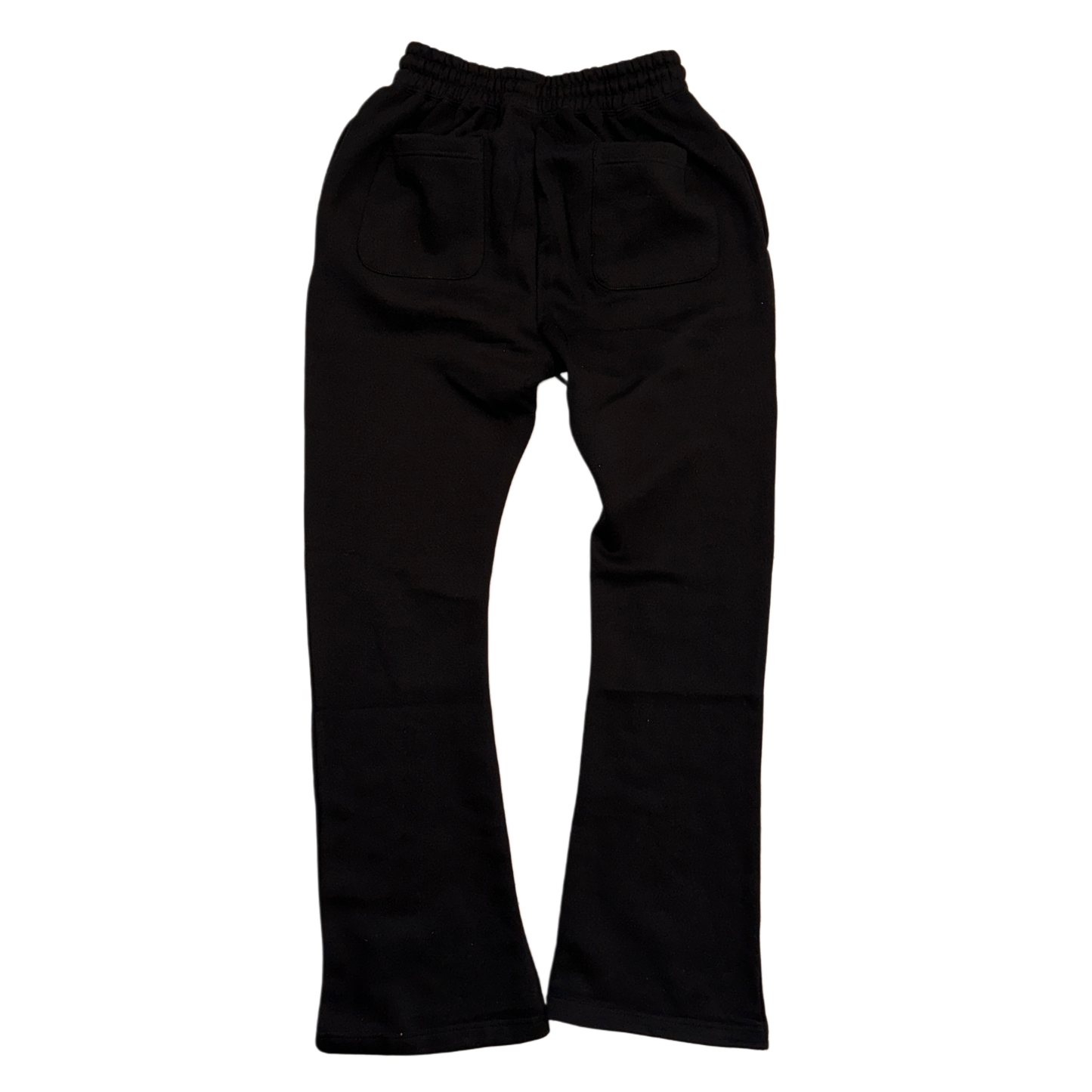 Back view of black plain stacked sweatpants 