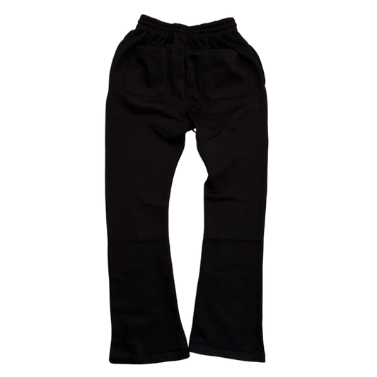 Back view of black plain stacked sweatpants 