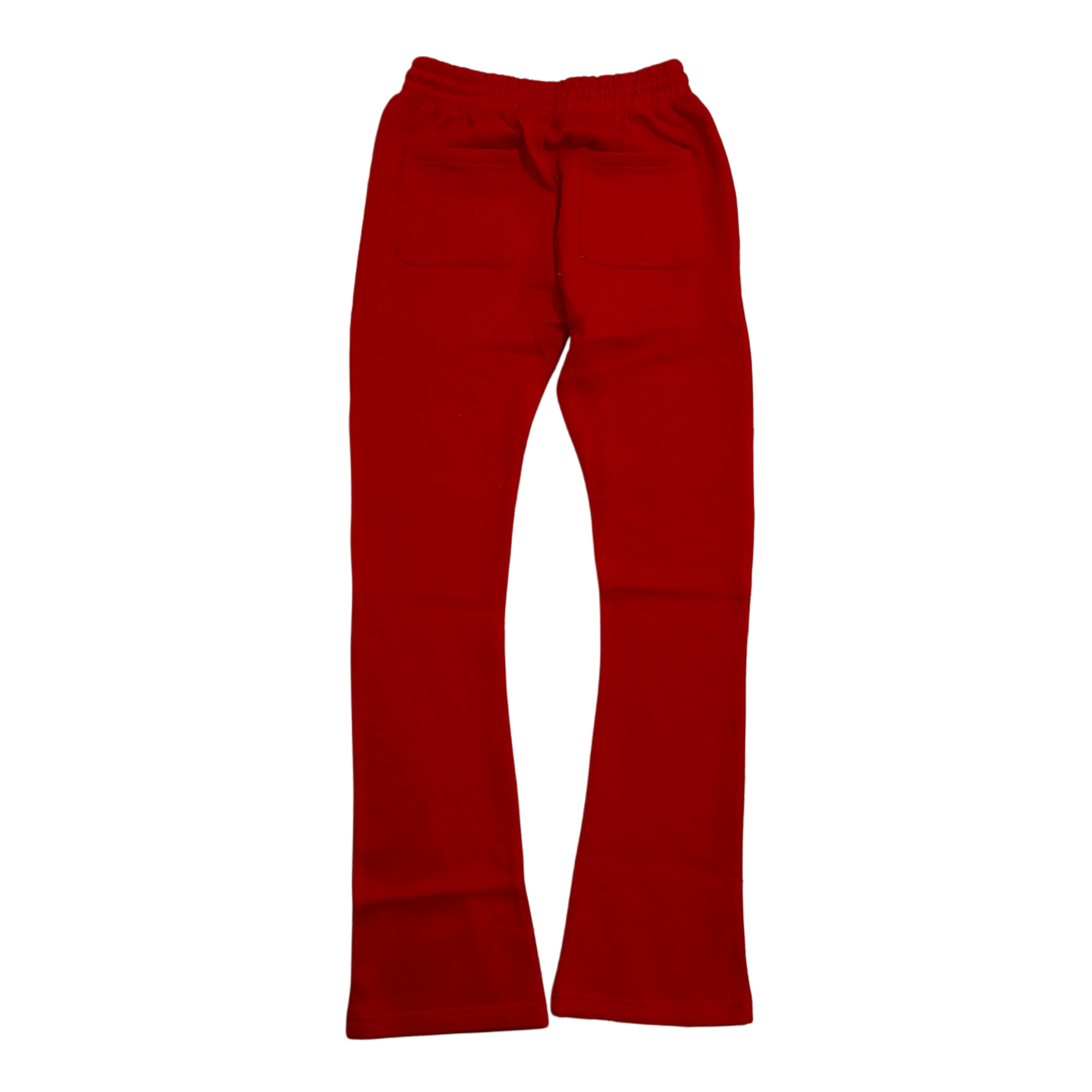 Back view of plain red stacked sweatpants 