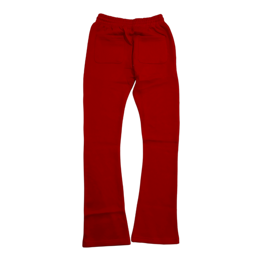 Back view of plain red stacked sweatpants 