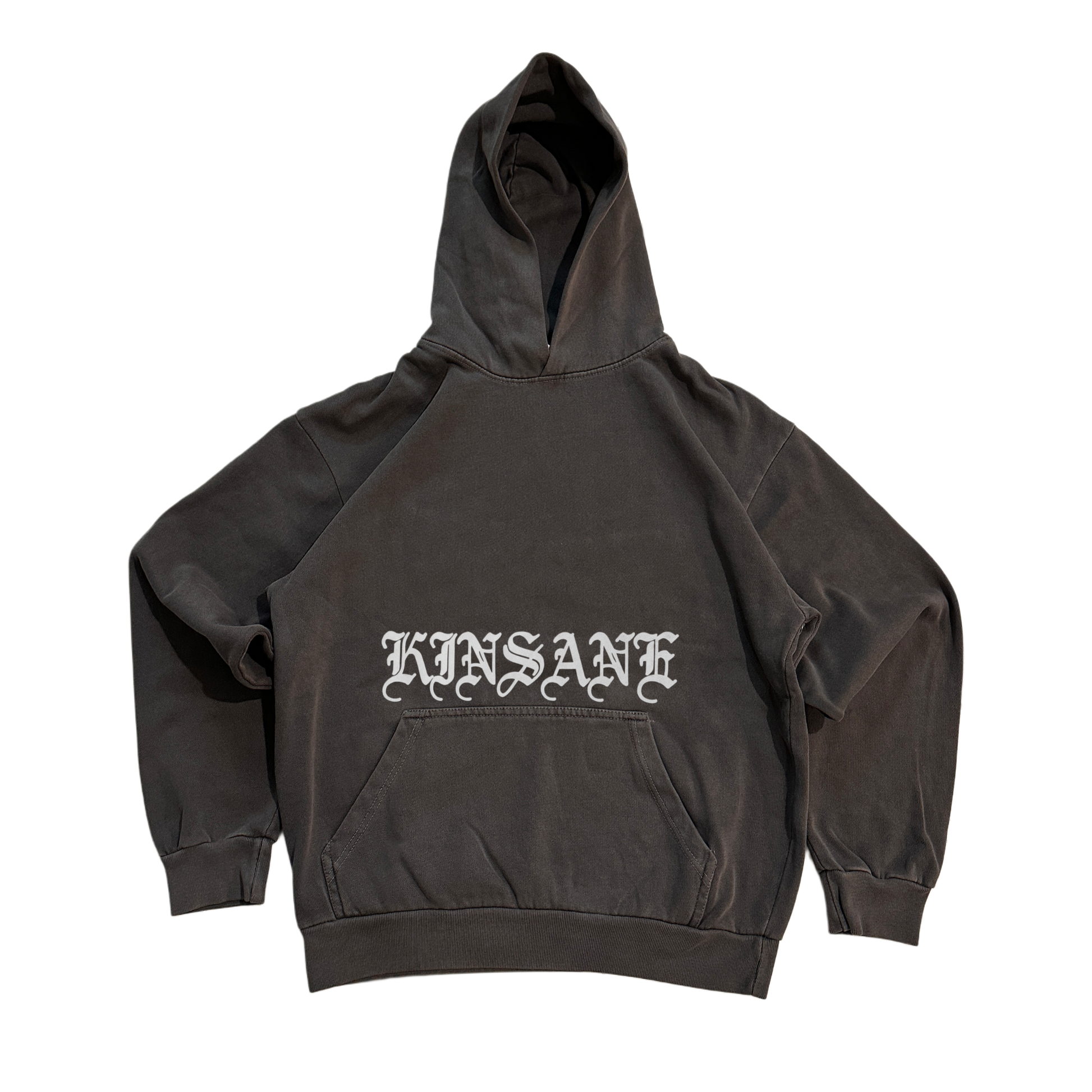 Dark grey hoodie with silver old English style text reading “KINSANE” right above the hoodie pocket 