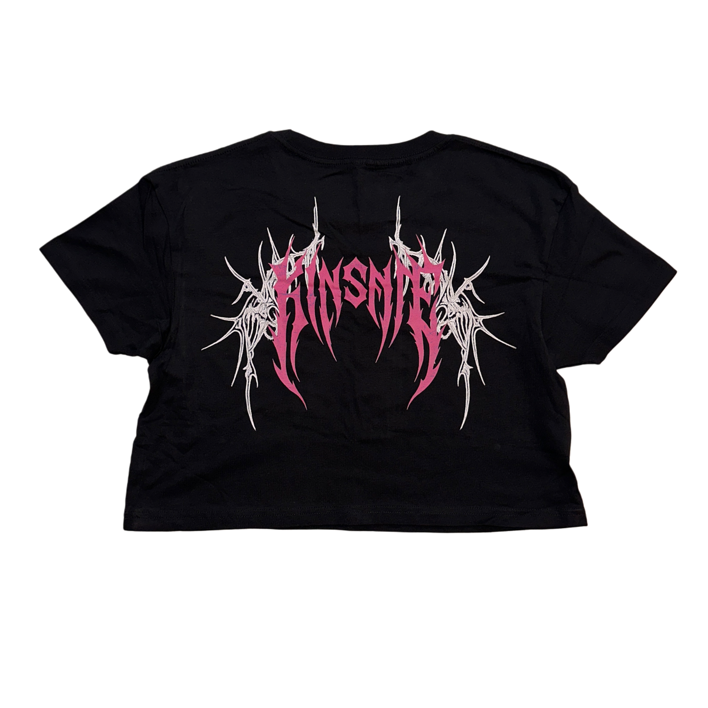 Back view of a black crop top T-shirt with girl tribal lettering reading “KINSANE” and white tribal designs 