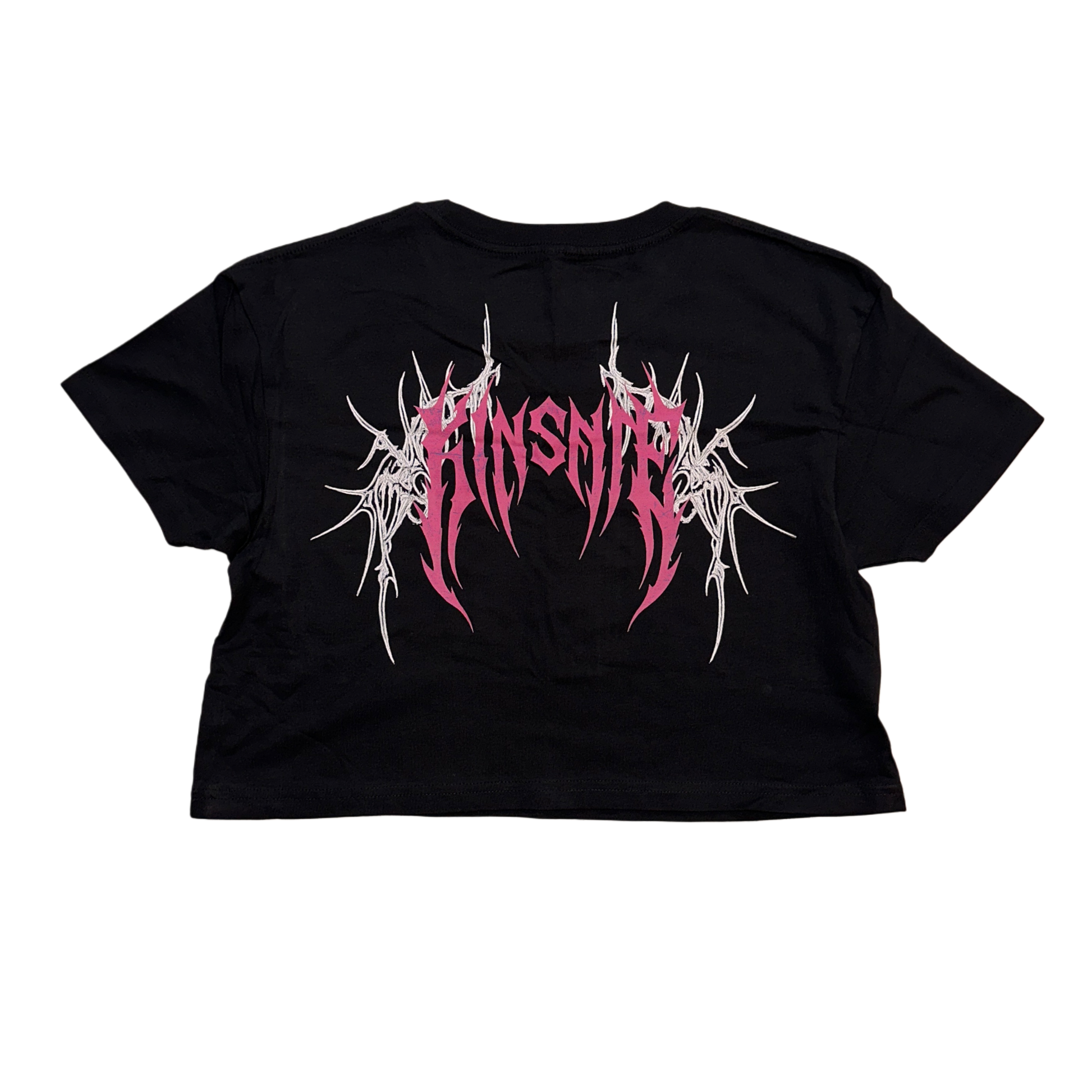 Back view of a black crop top T-shirt with girl tribal lettering reading “KINSANE” and white tribal designs 