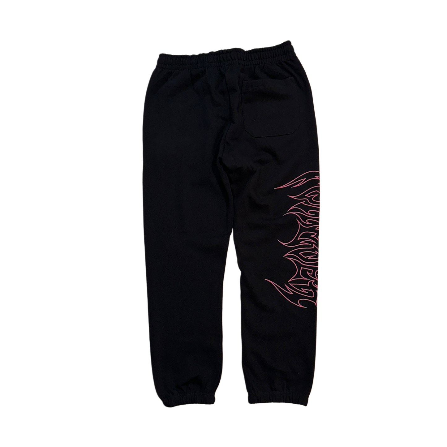 Back view of black cuffed joggers with pink tribal outlined lettering reading “forever” on the right side 