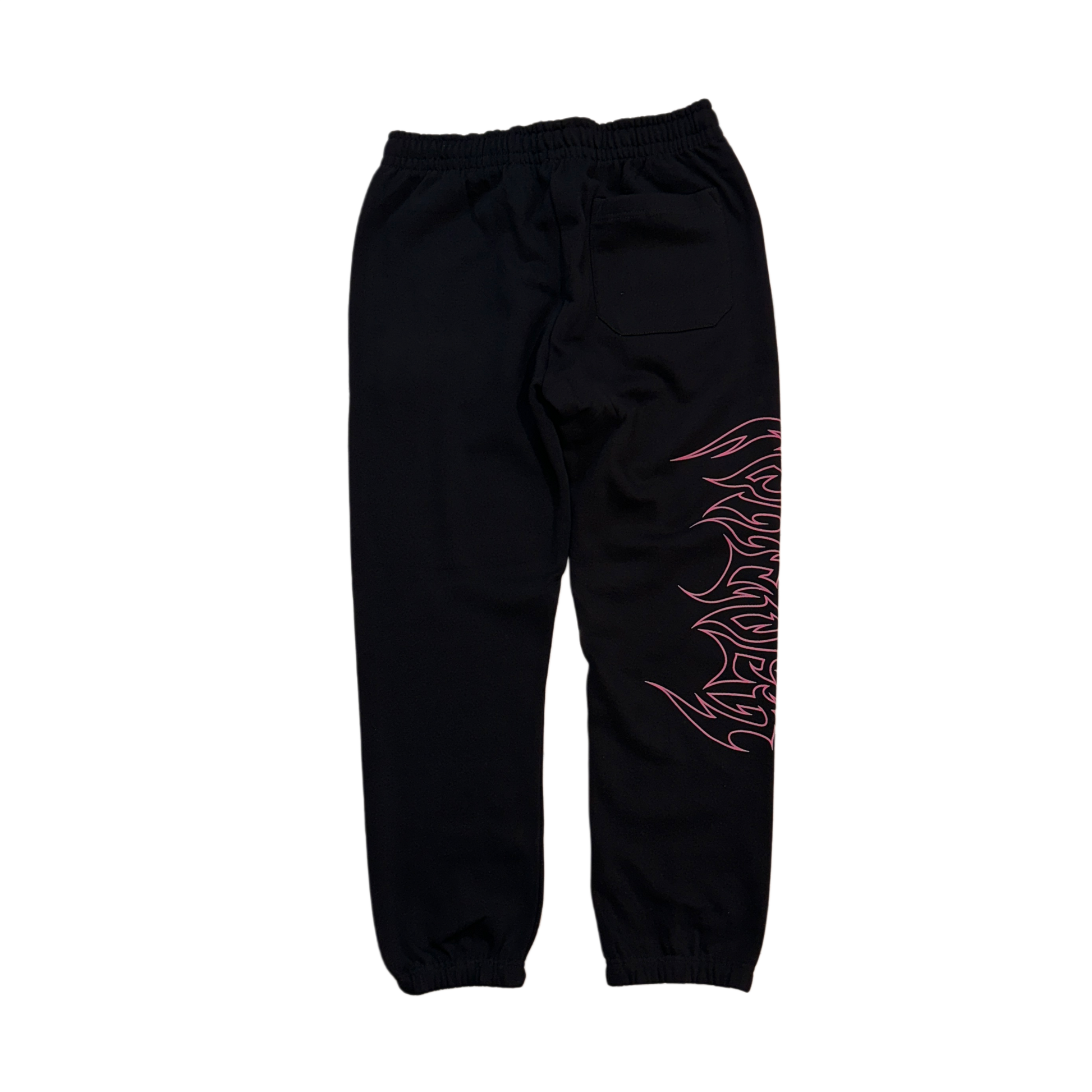 Back view of black cuffed joggers with pink tribal outlined lettering reading “forever” on the right side 