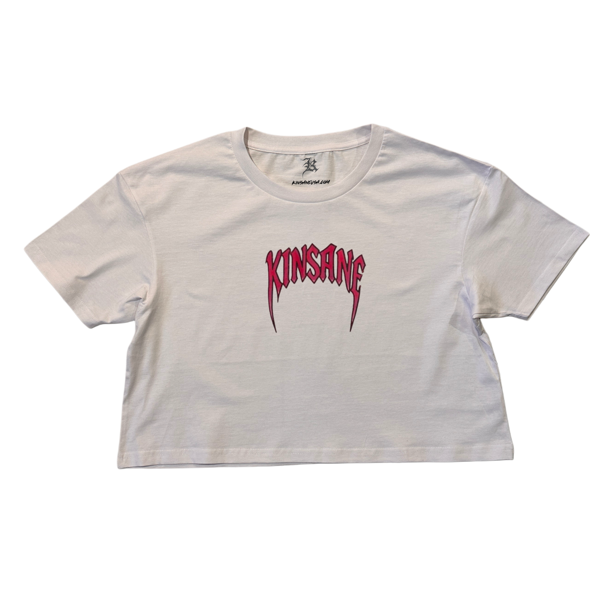 white crop top T-shirt with pink heavy metal lettering reading “KINSANE” 