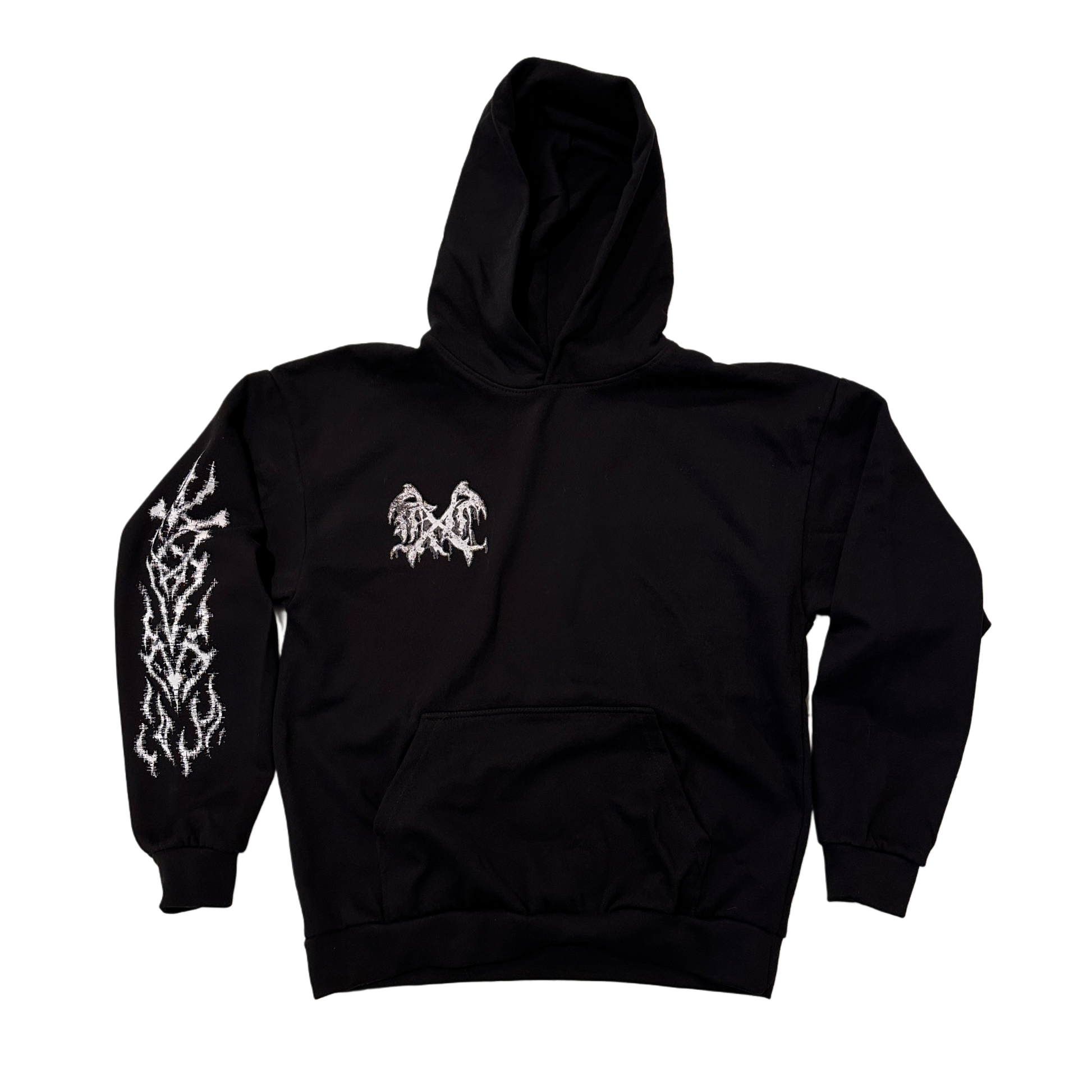 Black hoodie with a white logo and white tribal design on the sleeve on the left side 