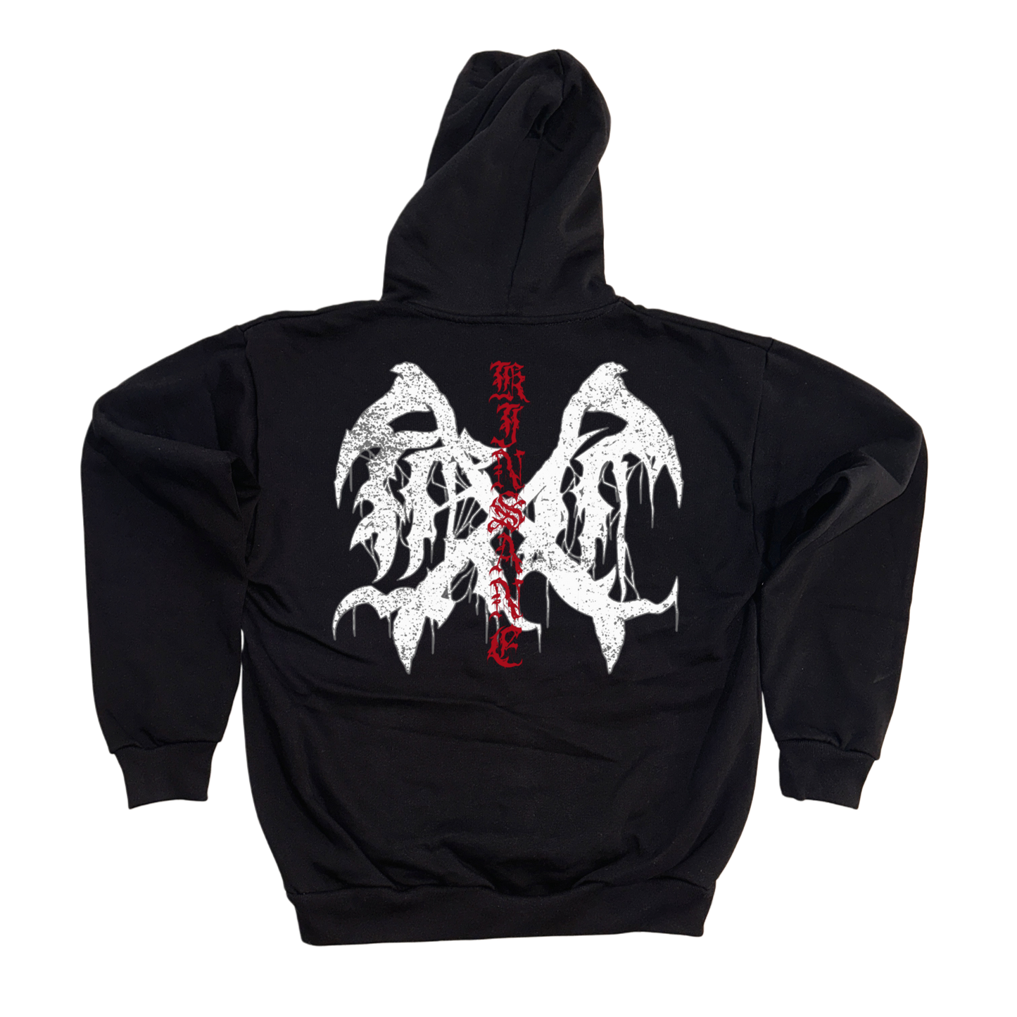 Back view of a black hoodie with a white logo and red lettering reading “KINSANE” 