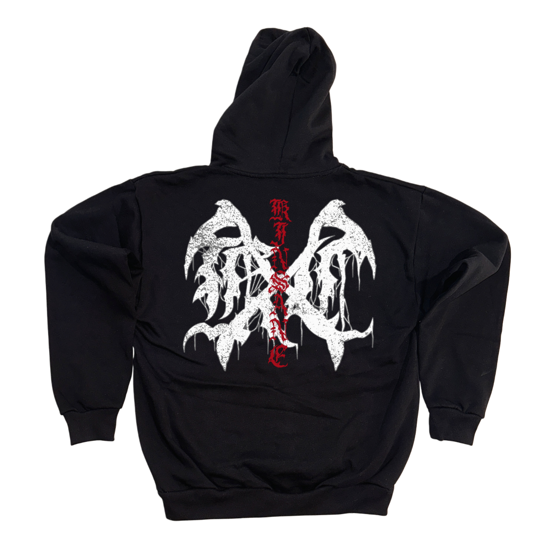 Back view of a black hoodie with a white logo and red lettering reading “KINSANE” 