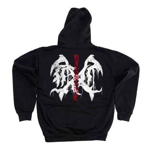Back view of a black hoodie with a white logo and red lettering reading “KINSANE” 