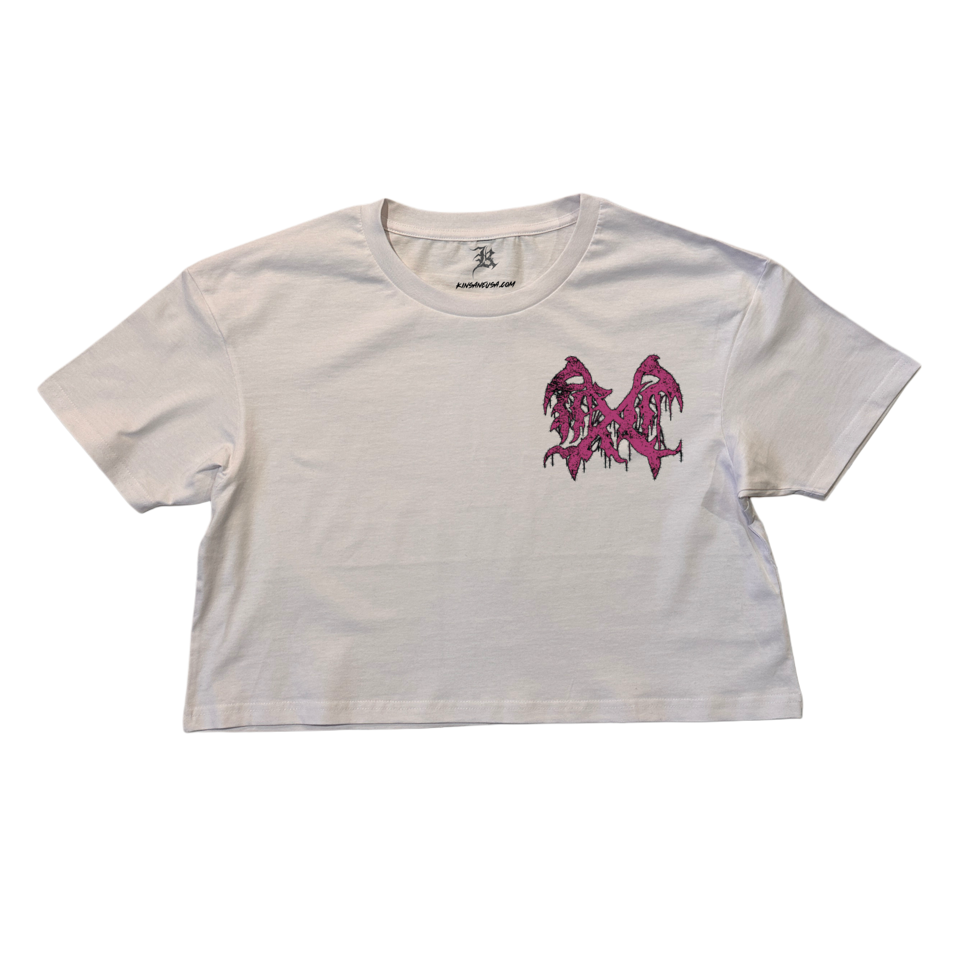 White crop top T-shirt with a dark purple logo on the front 