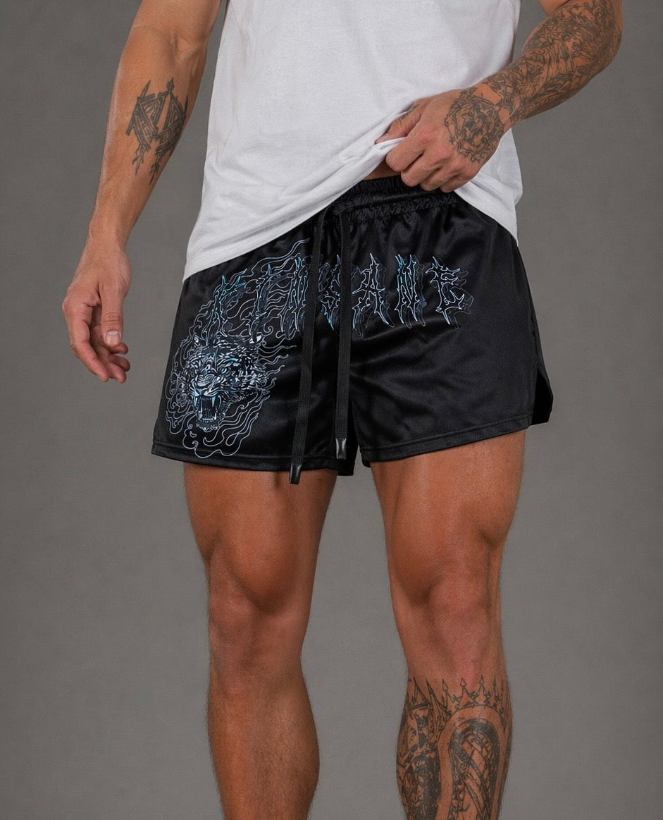 Man wearing Black athletic shorts with elastic waistband and black drawstrings with a tiger on fire logo on the right leg and blue outlined lettering reading “KINSANE” across the middle 