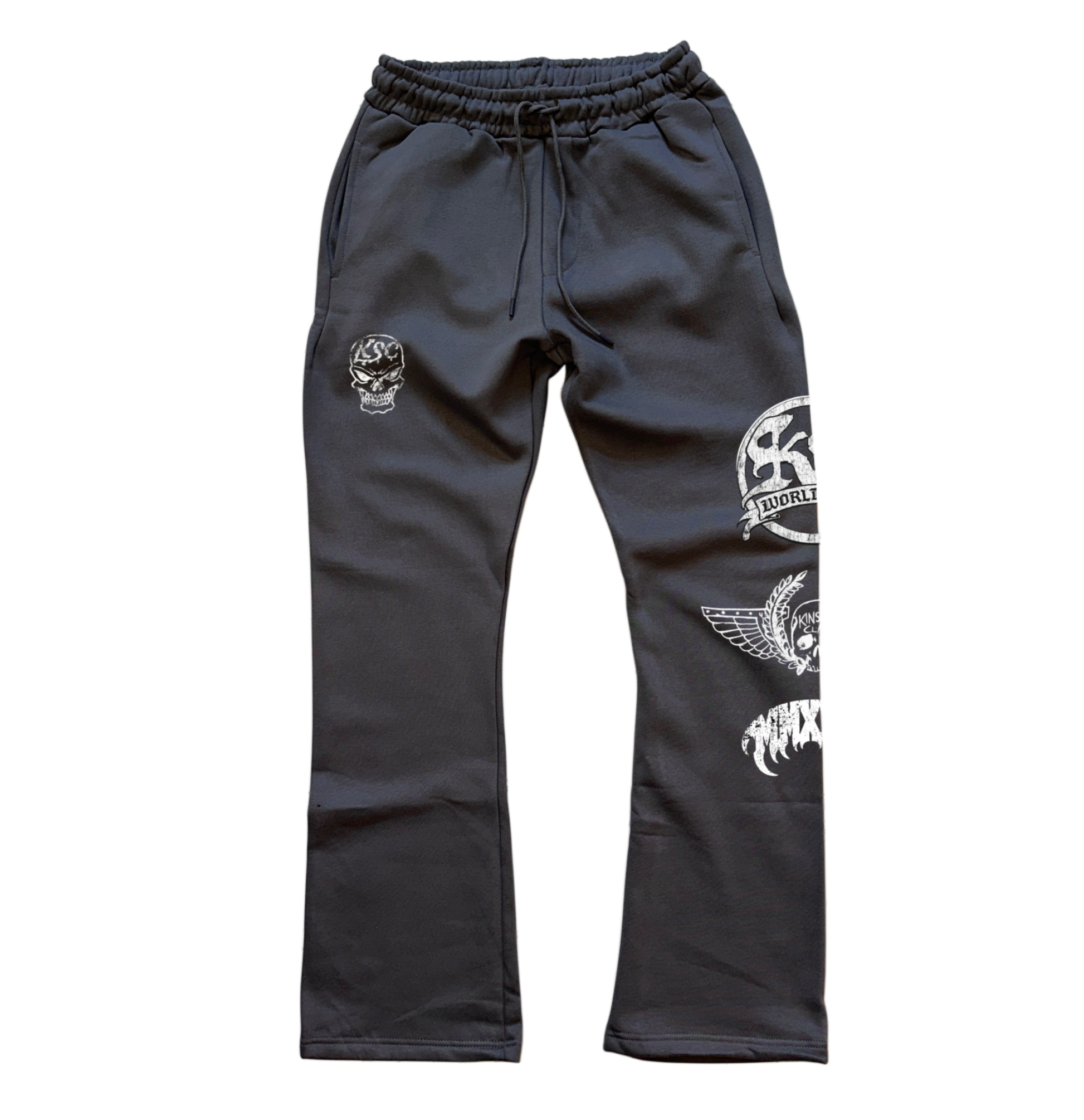Gray stacked sweatpants with white skull logo on the right leg and white logos stacked on top of each other on the left leg that say “KS WORLDWIDE, MMXXIV” 