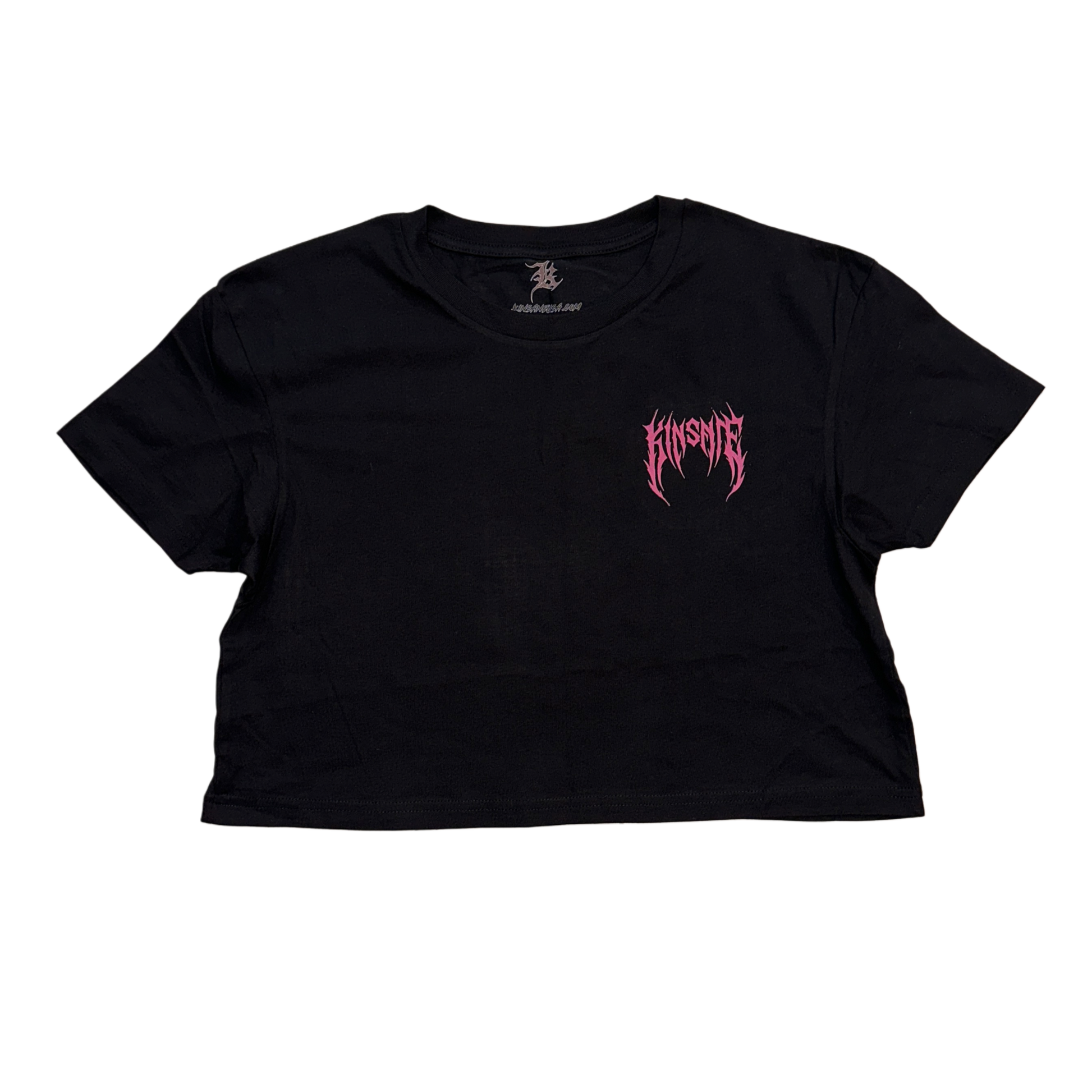 Black crop top T-shirt with pink tribal lettering reading “KINSANE” 