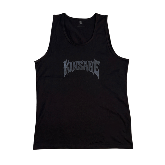 Black tank top with grey heavy metal lettering reading “KINSANE” 