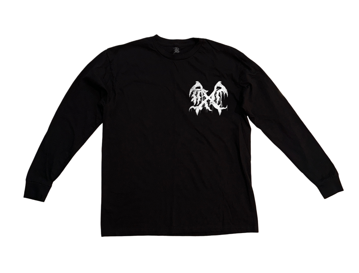 Black long sleeve shirt with white logo on the front 