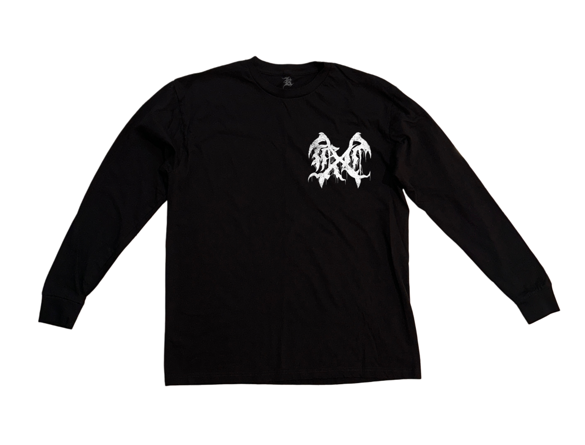 Black long sleeve shirt with white logo on the front 