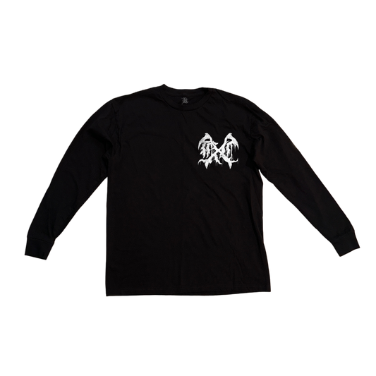 Black long sleeve shirt with white logo on the front 