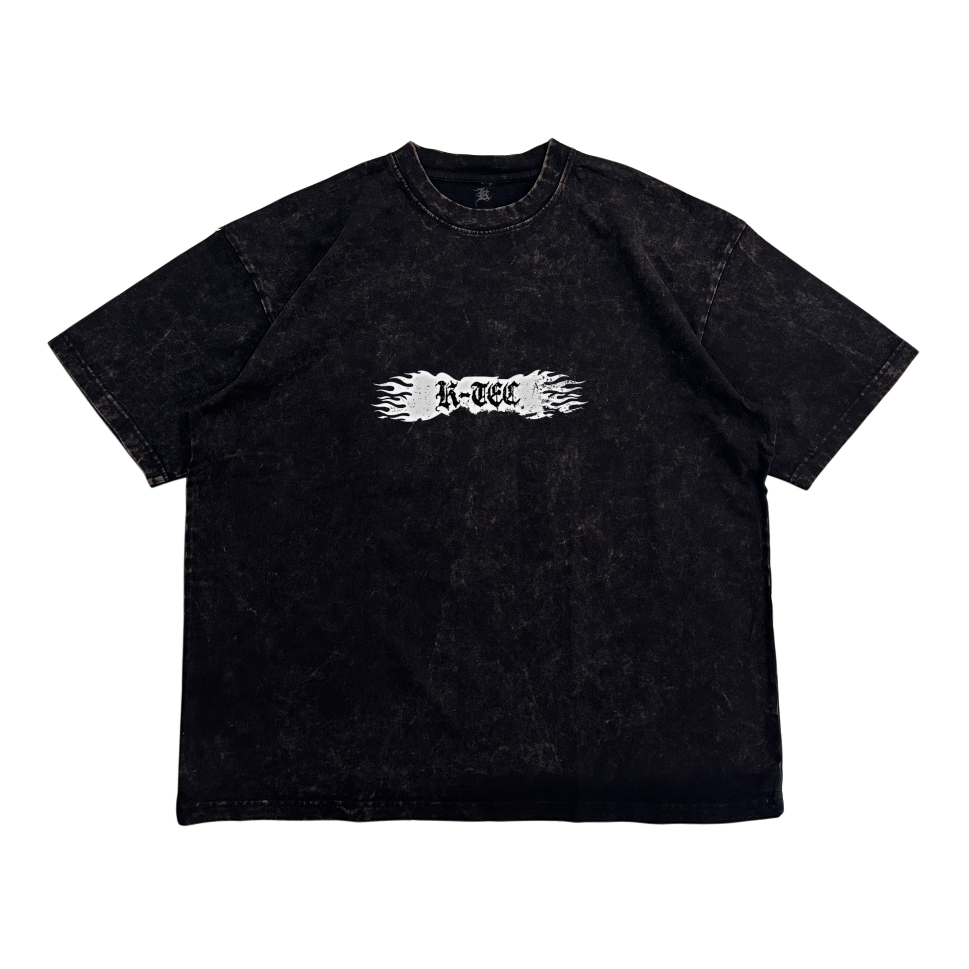 Black acid washed t shirt with white flamed logo with black text reading “K-TEC” 
