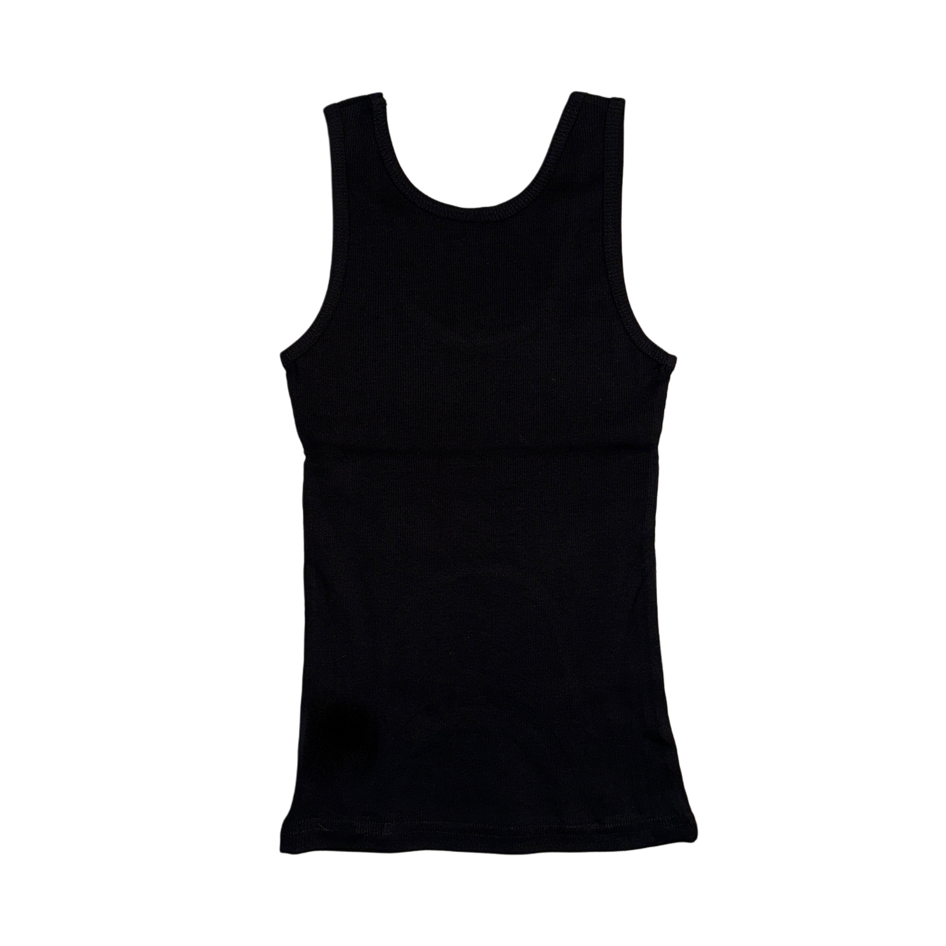 Back view of a plain black tank top 