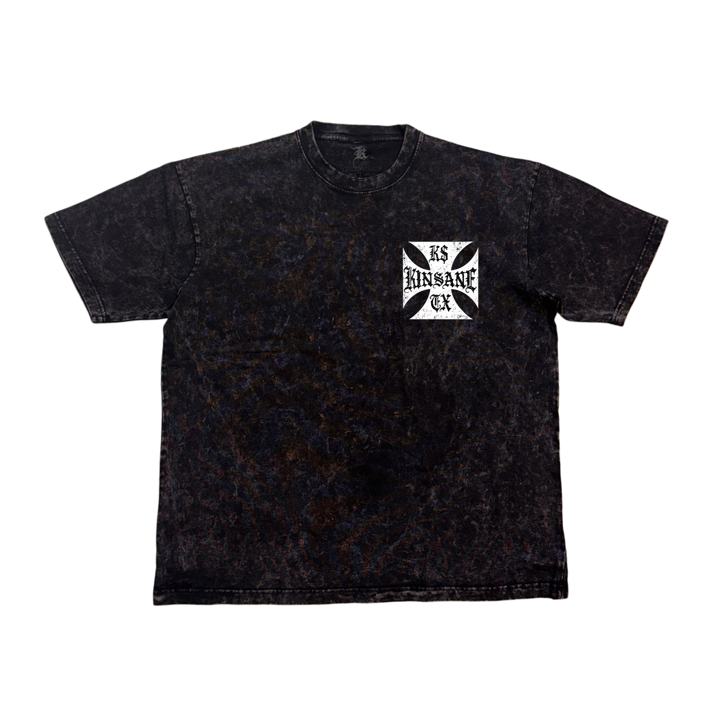 Black acid washed t-shirt with a white logo with black text reading “K$ TX” and “KINSANE” 