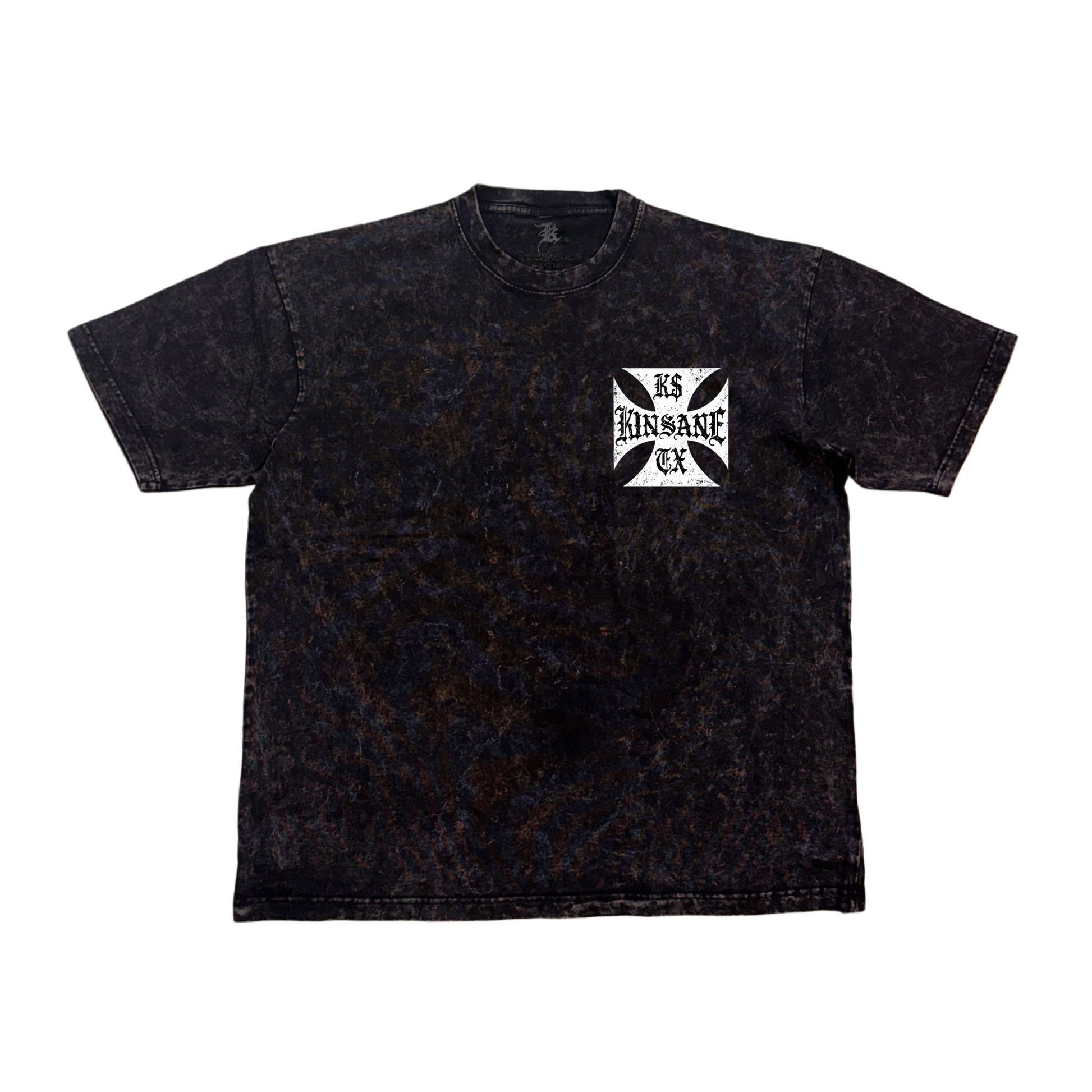 Black acid washed t-shirt with a white logo with black text reading “K$ TX” and “KINSANE” 