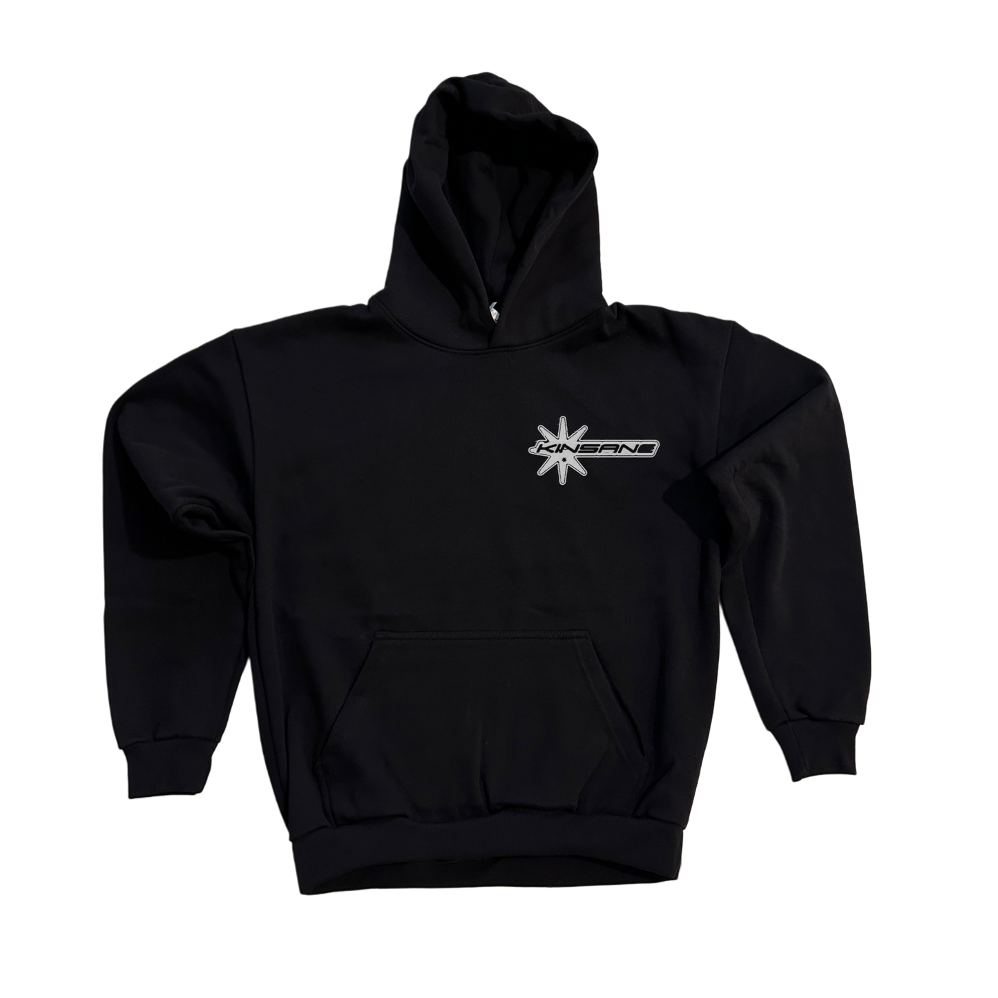 Black hoodie with white logo and black lettering reading “KINSANE” 