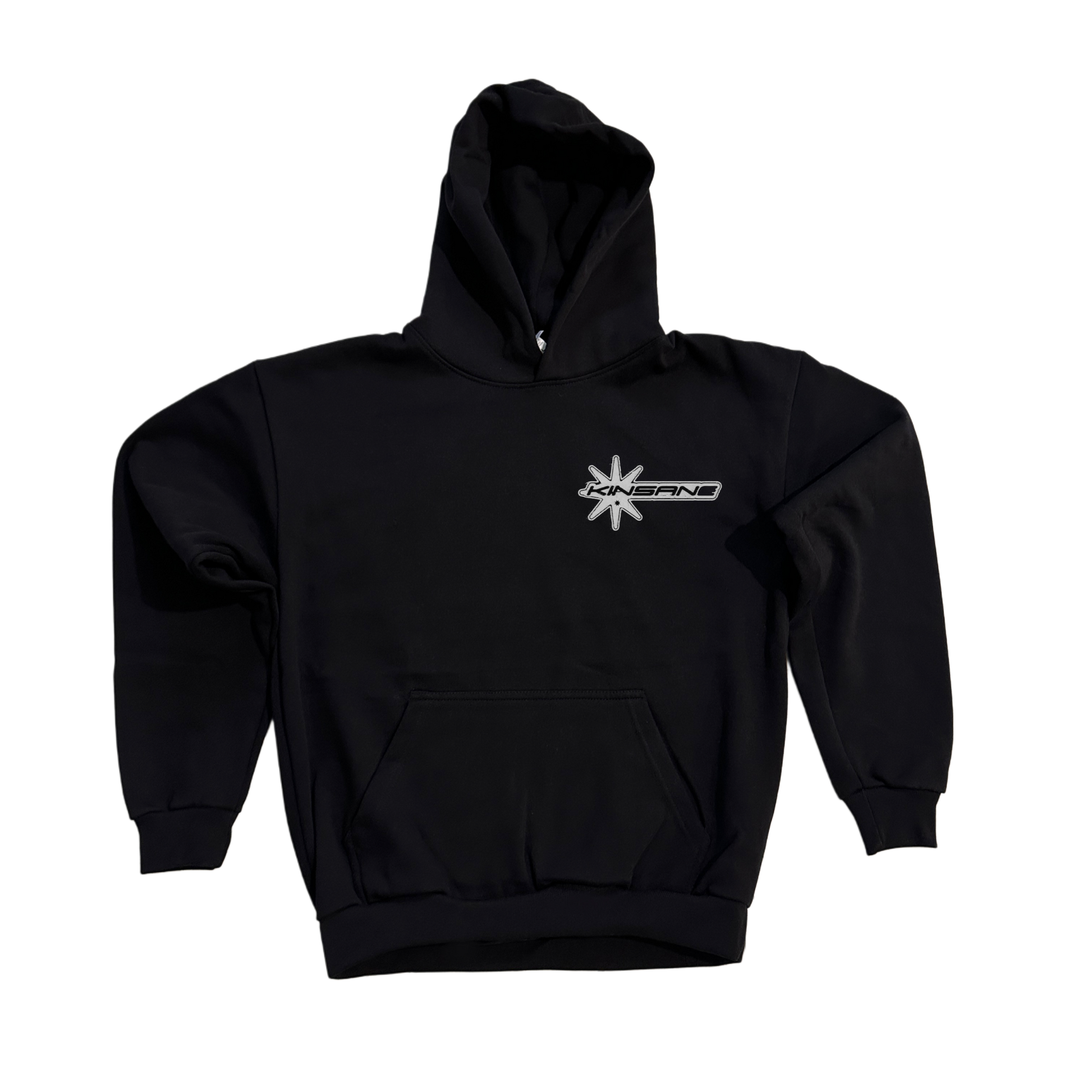 Black hoodie with white logo and black lettering reading “KINSANE” 