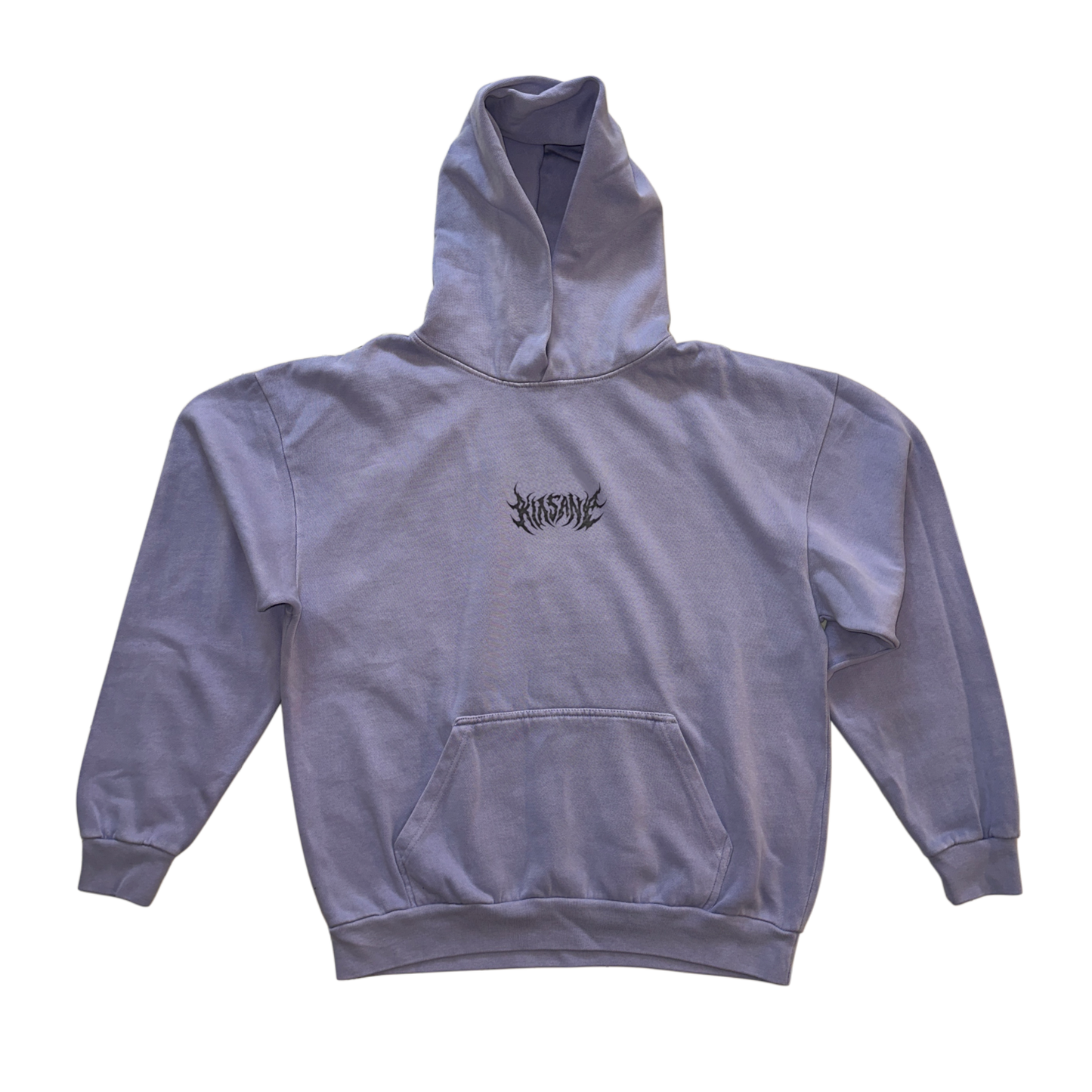 Light blue hoodie with black text in the center reading “KINSANE” 